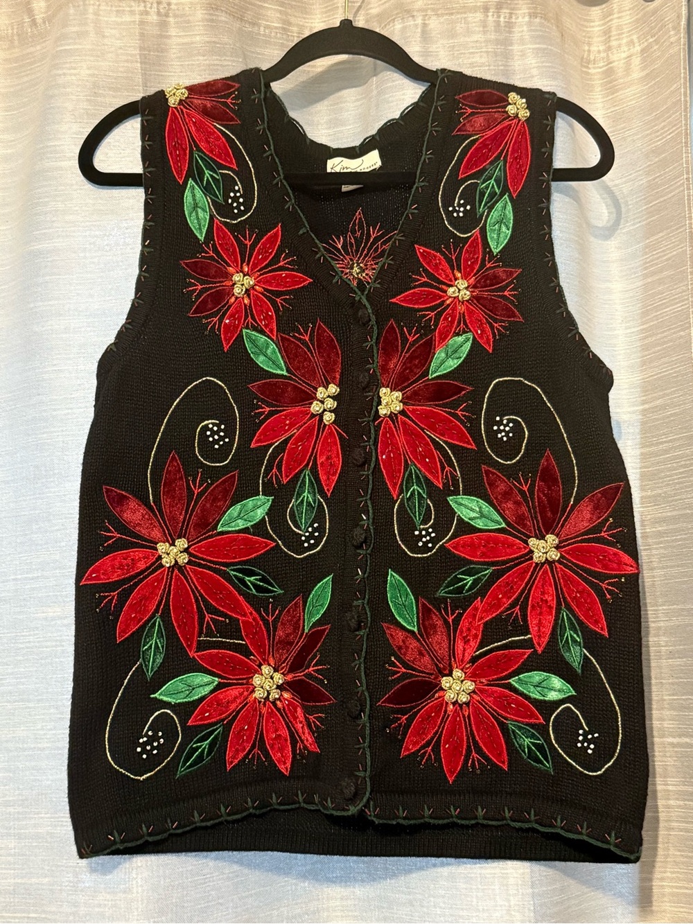 Vintage 90s Women’s Black Red Green Gold Poinsettia Embroidered Sequin Vest Sz S